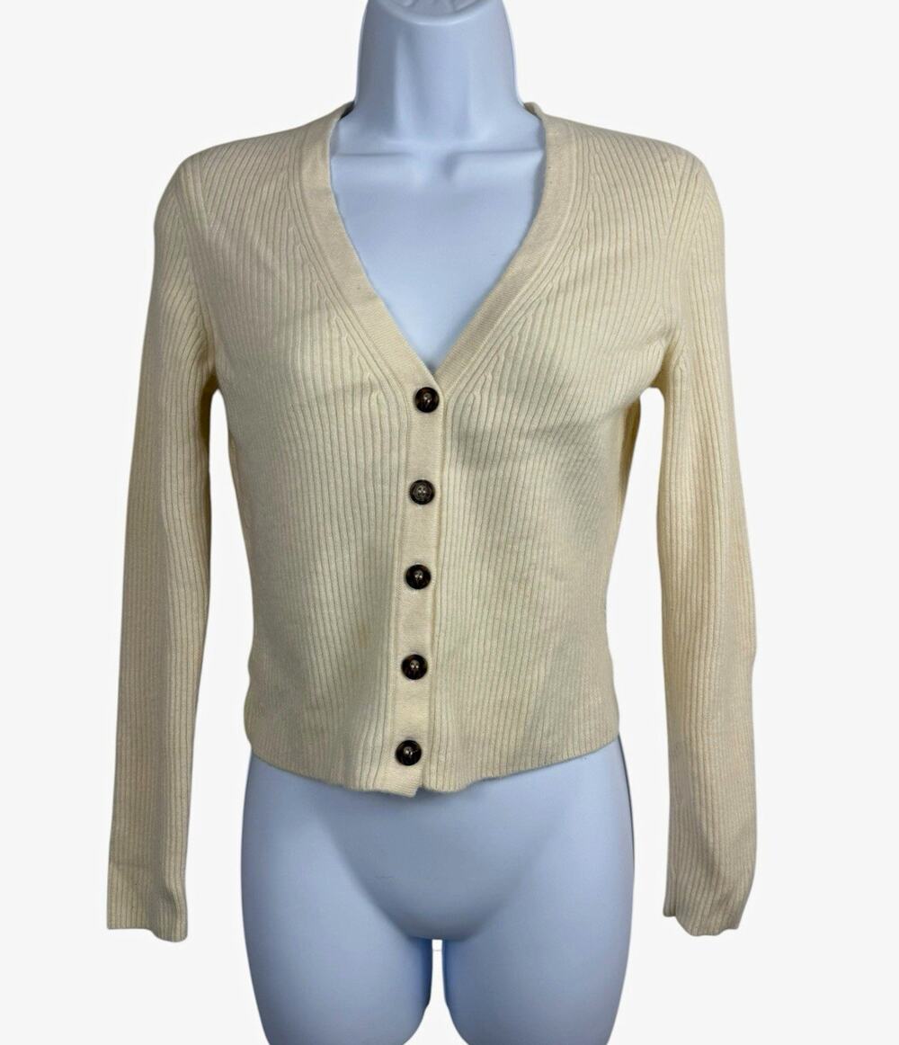NAADAM Cashmere Sweater Womens Small Ivory Ribbed V-Neck Button Front Cardigan